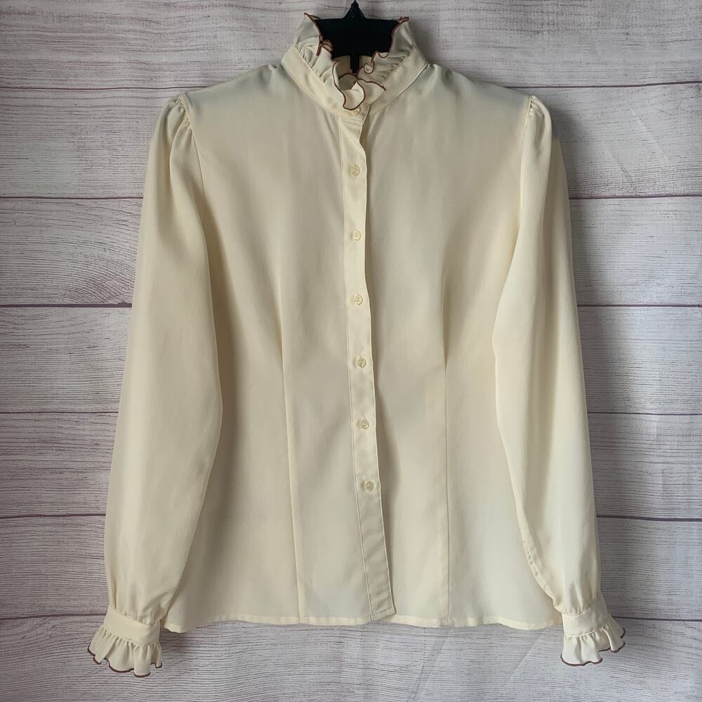 Vintage The Villager Petites Cream Button Up Blouse Maroon Trim Ruffle Size 8